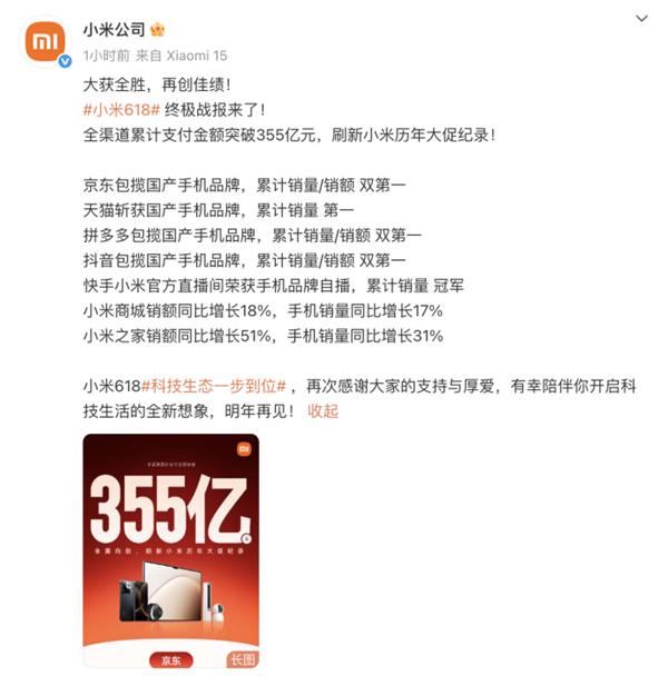 小米618全渠道支付金額突破355億:刷新小米歷年大促紀(jì)錄(圖1) 小米618全渠道支付金額突破355億:刷新小米歷年大促紀(jì)錄(圖1)