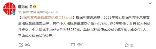 創(chuàng)5年新低！深圳車牌個(gè)人指標(biāo)最低成交價(jià)僅為1萬元(圖2)